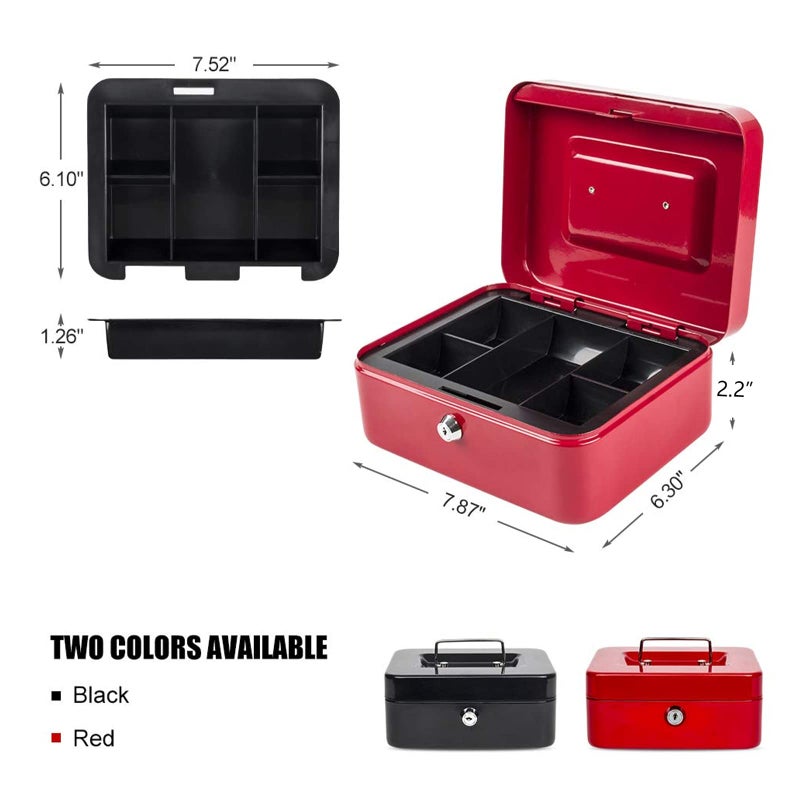 Kyodoled Medium Cash Box with Money Tray,Small Safe Lock Box with Key,Cash Drawer,7.87"x 6.30"x 3.54" Red Medium - Image 5